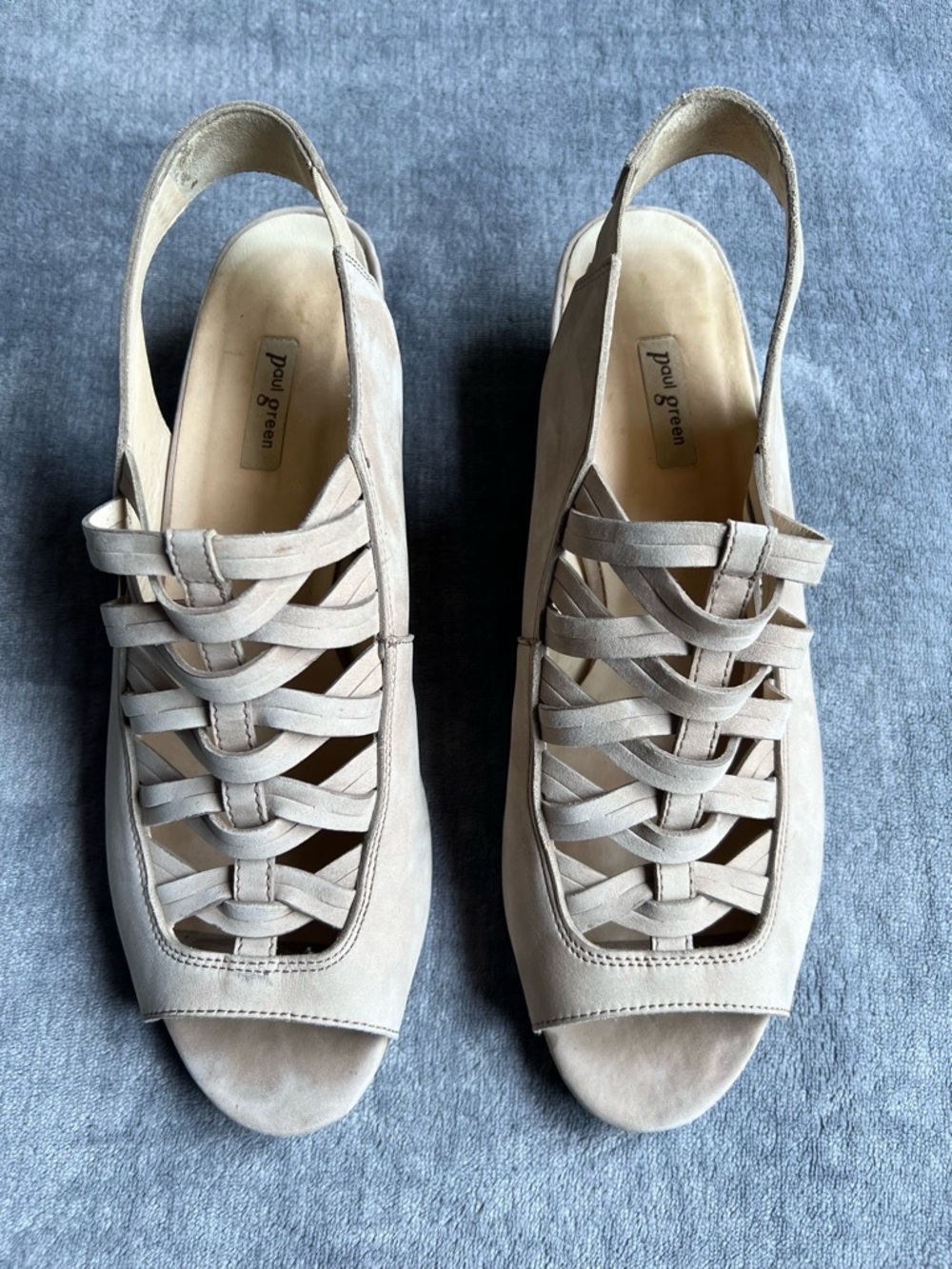 Paul Green Womens Sandals Sz 7.5 Beige Suede Strappy Slingback Heels